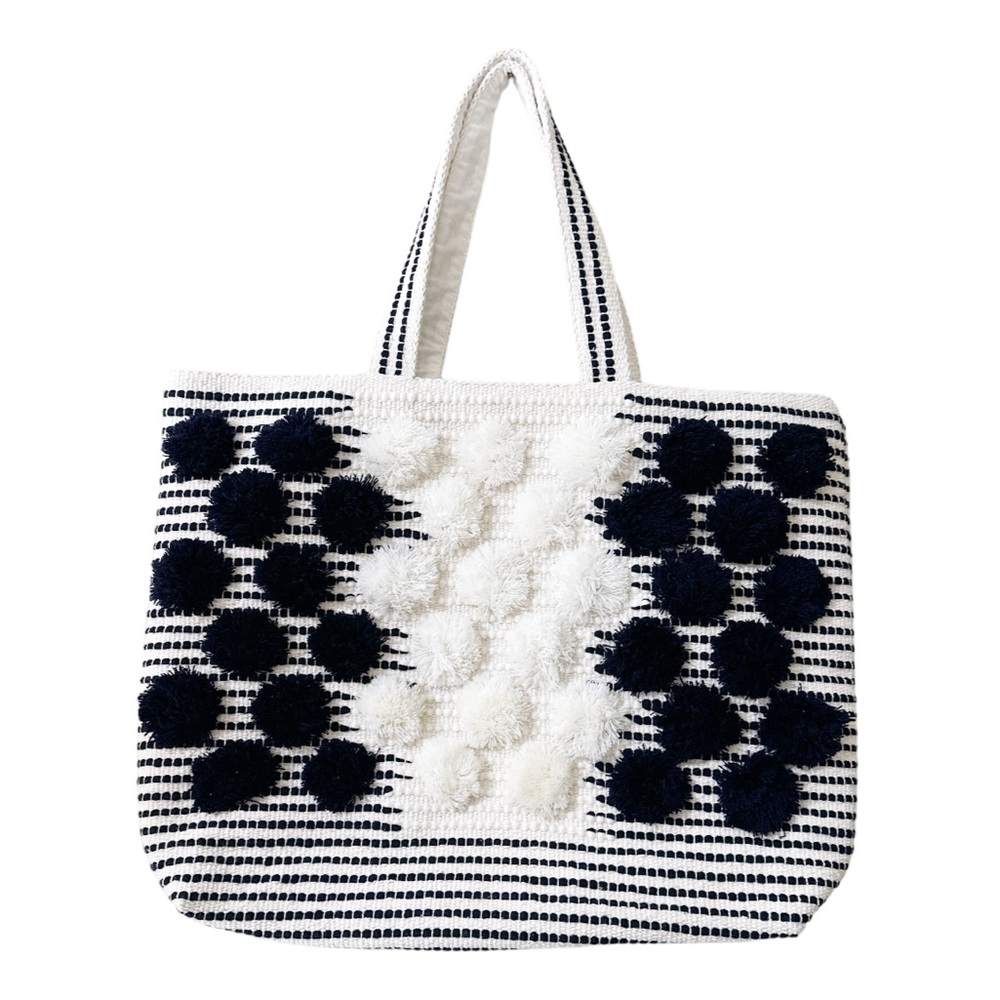 NEW Mud Pie Navy Handloom POM TOTE